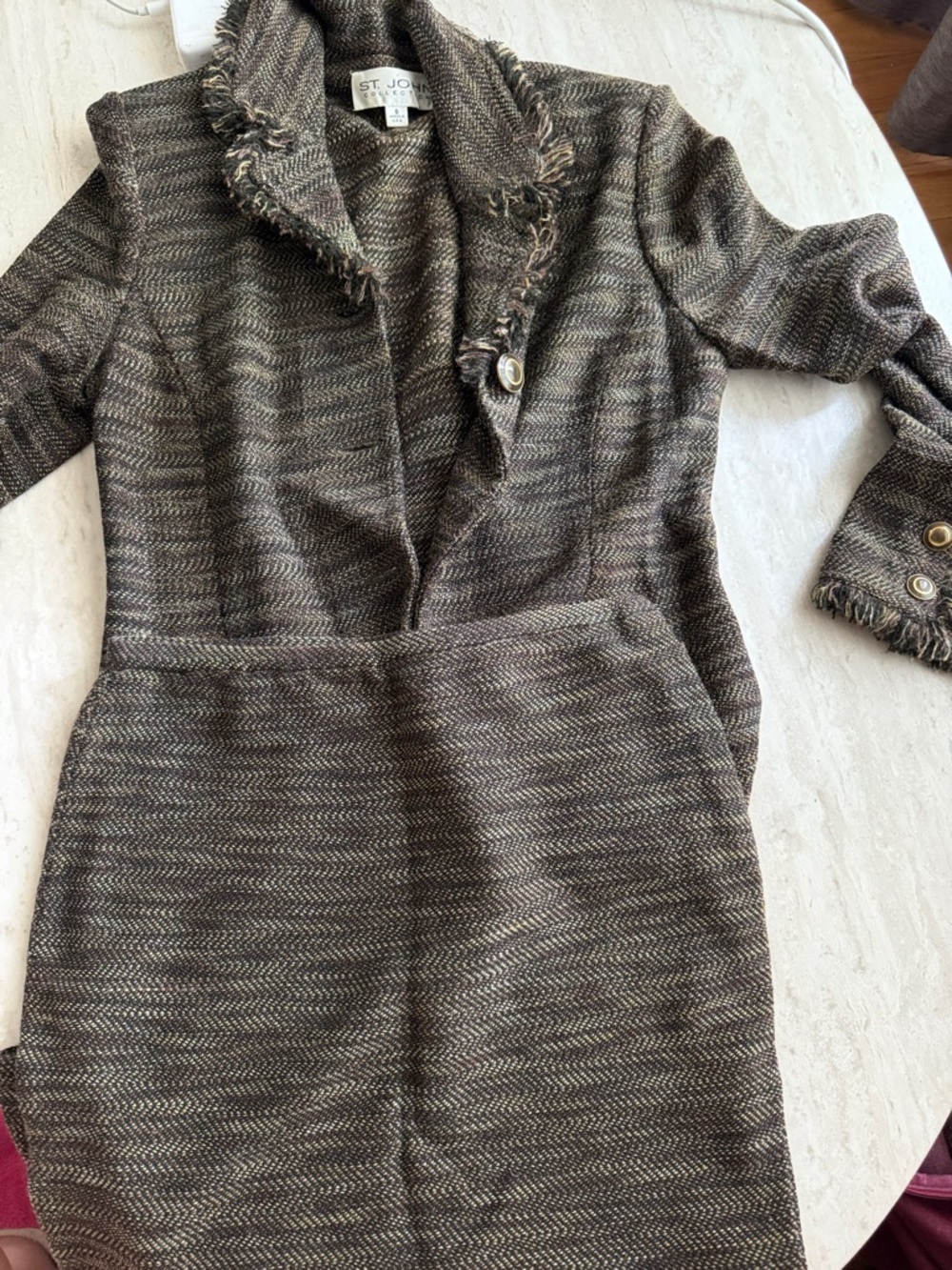 St. John Brown and Cream Tweed Skirt Dress with Fringed Jacket
